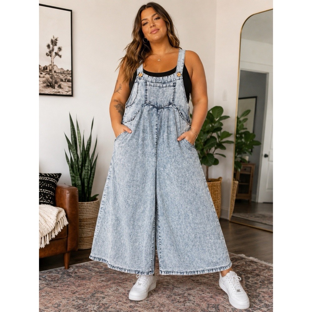 ee:some Wmn Sz L Blue Wide-Leg Jumpsuit Overalls Tencel Stone Washed Denim Jean